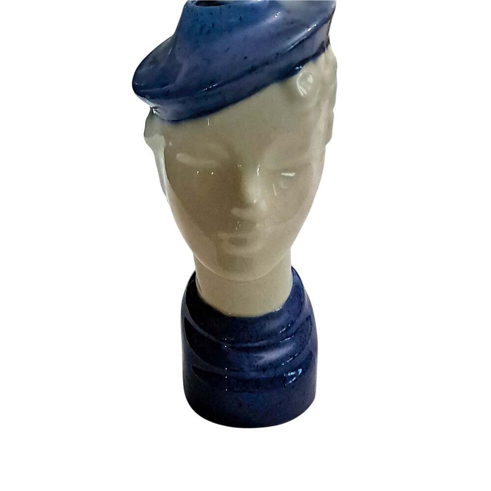 Block Pottery California Blue & White Lady Head Vase Ceramic Signed 1950s